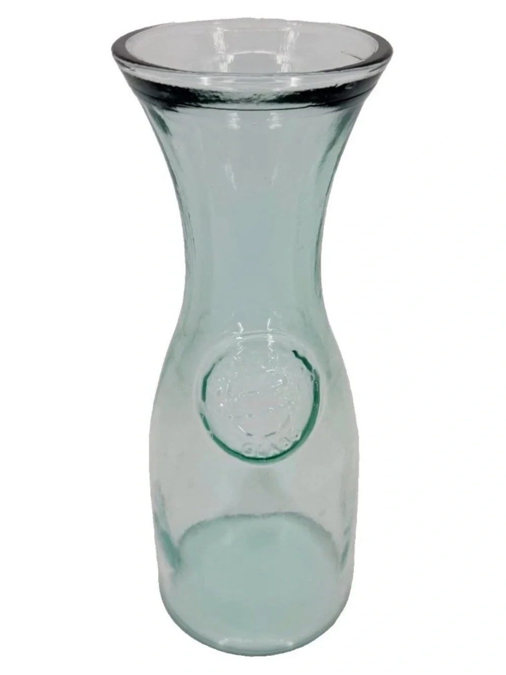 Vintage Spain Recycled Glass Carafe 10” Tall Vase Embossed Seal MCM Farmhouse